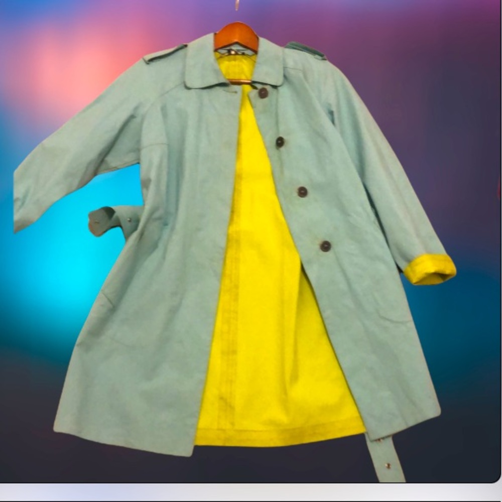 Turquoise Rubber Raincoat Trench Coat with Belt